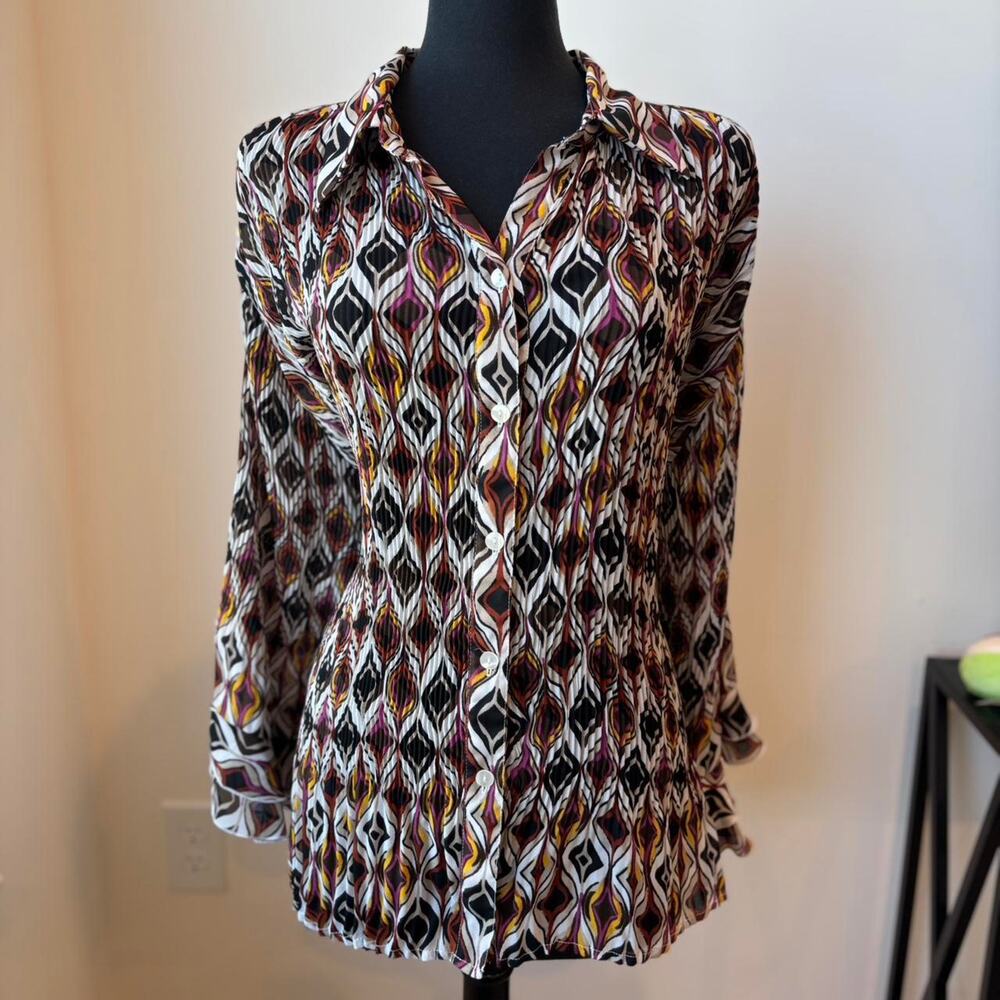 Essentials Button Up Crinkle Lightweight Flowy Blouse Retro Brown and Orange 2X